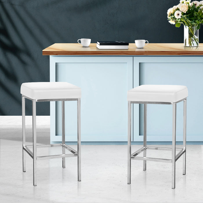 Artiss Set of 2 PU Leather Backless Kitchen Bar Stools - White and Chrome